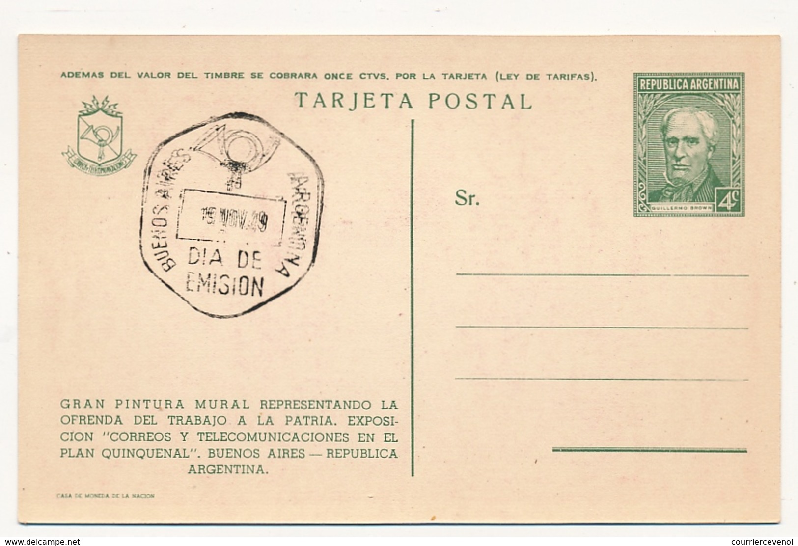 ARGENTINE - 7 Entiers Postaux - CP 4c Vert Guillermo Brown - Illustrés Exposition Postes Télécoms 1949 - Rose/violet - Entiers Postaux