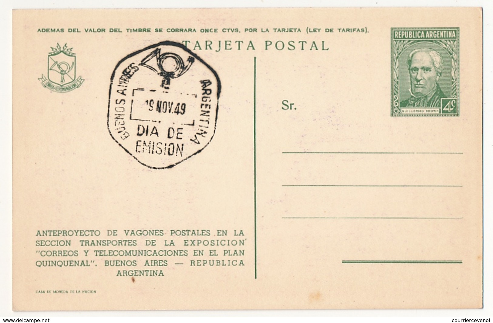 ARGENTINE - 7 Entiers Postaux - CP 4c Vert Guillermo Brown - Illustrés Exposition Postes Télécoms 1949 - Rose/violet - Interi Postali