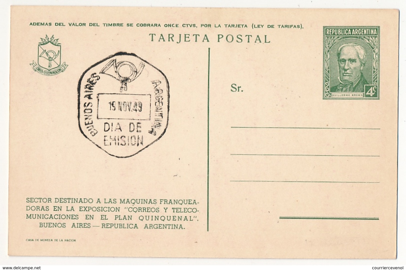 ARGENTINE - 7 Entiers postaux - CP 4c vert Guillermo Brown - Illustrés Exposition Postes Télécoms 1949 - Rose/violet