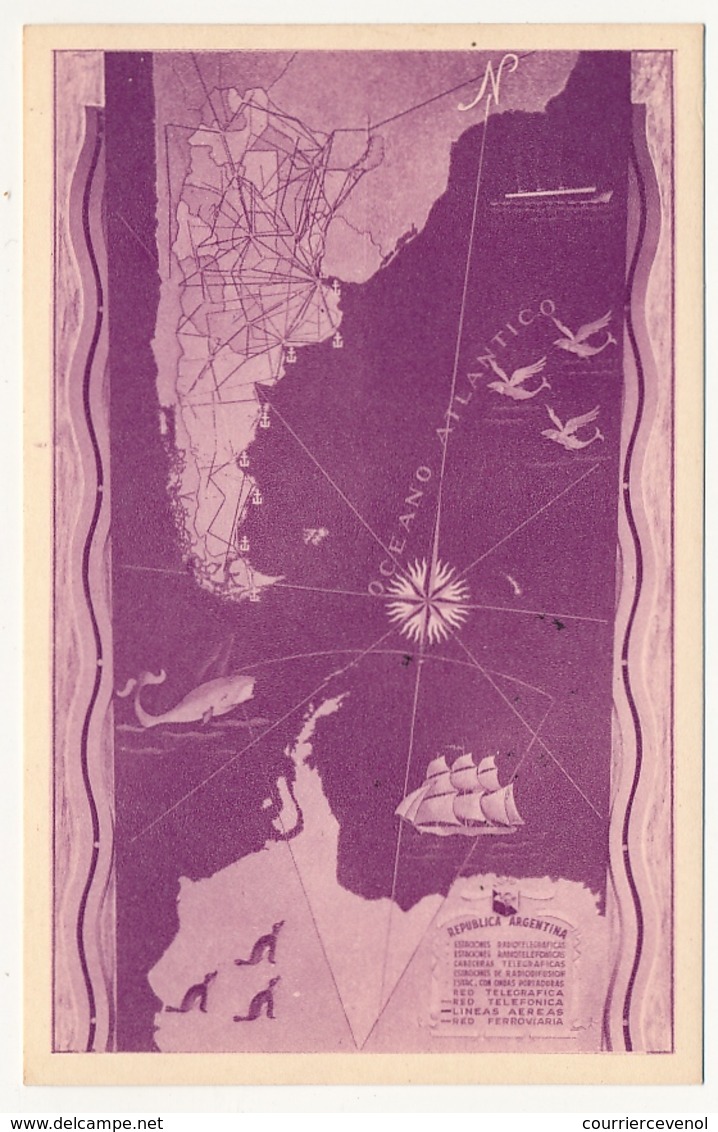 ARGENTINE - 7 Entiers postaux - CP 4c vert Guillermo Brown - Illustrés Exposition Postes Télécoms 1949 - Rose/violet