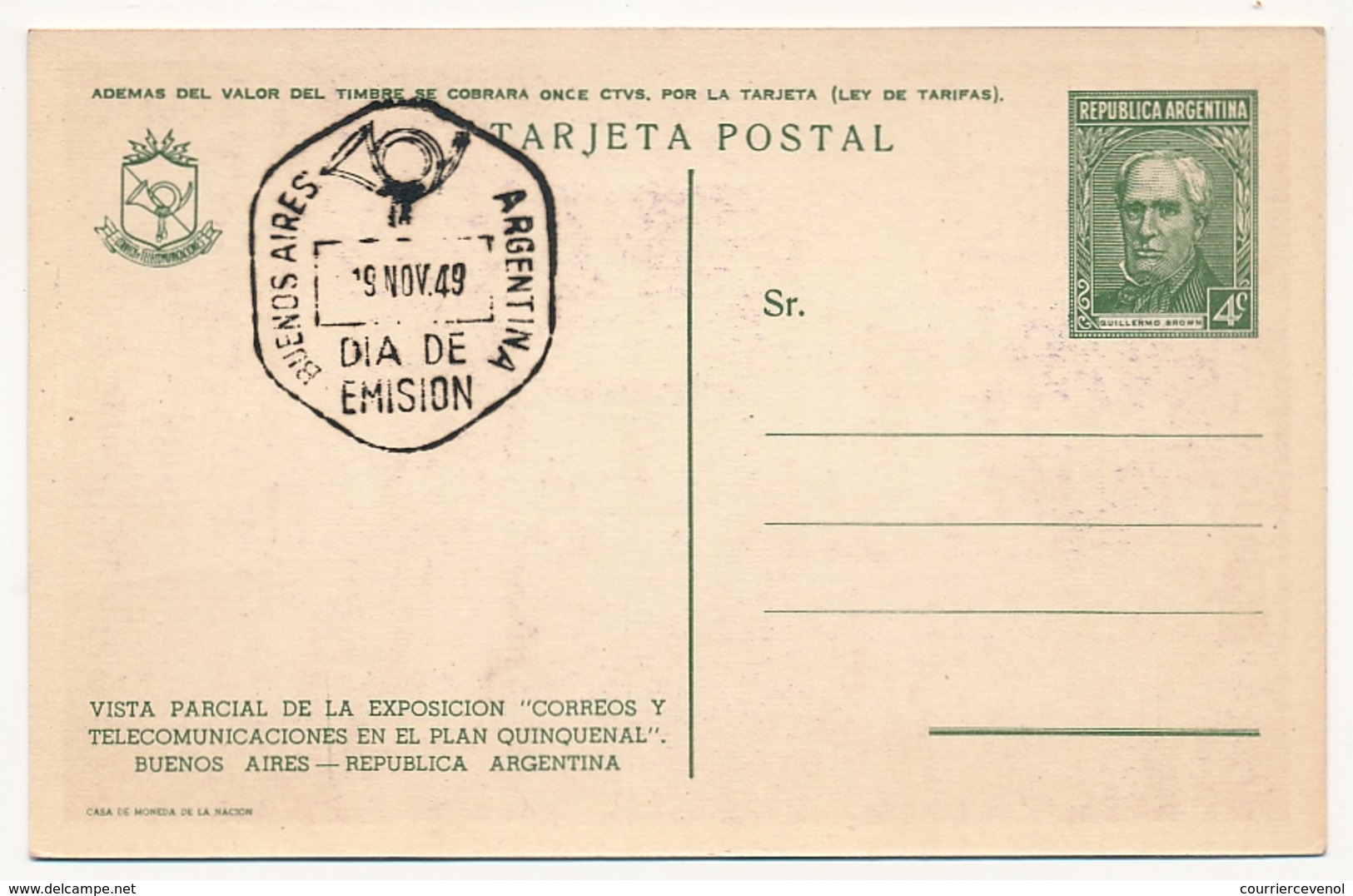 ARGENTINE - 4 Entiers Postaux - CP 4c Vert Guillermo Brown - Illustrés Exposition Postes Télécoms 1949 - Violine - Postal Stationery