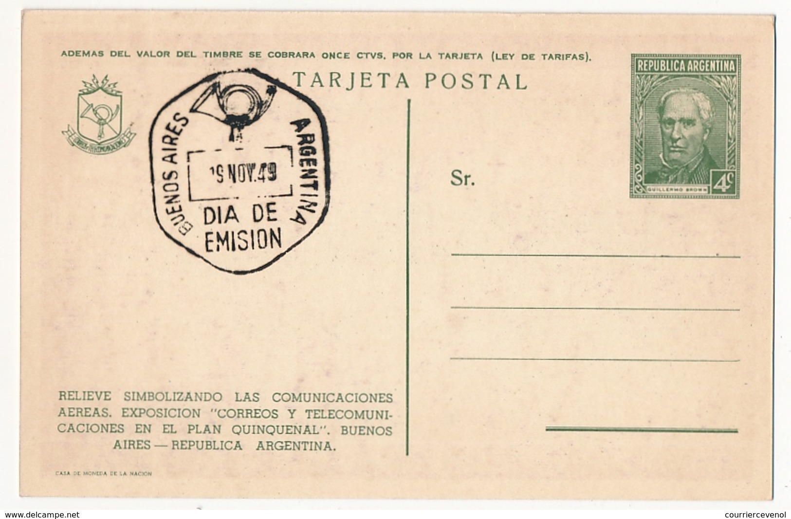 ARGENTINE - 4 Entiers Postaux - CP 4c Vert Guillermo Brown - Illustrés Exposition Postes Télécoms 1949 - Violine - Postal Stationery