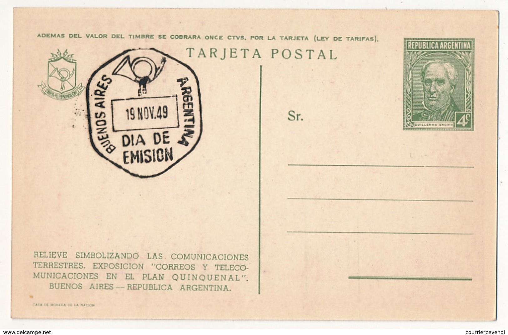 ARGENTINE - 4 Entiers postaux - CP 4c vert Guillermo Brown - Illustrés Exposition Postes Télécoms 1949 - Violine