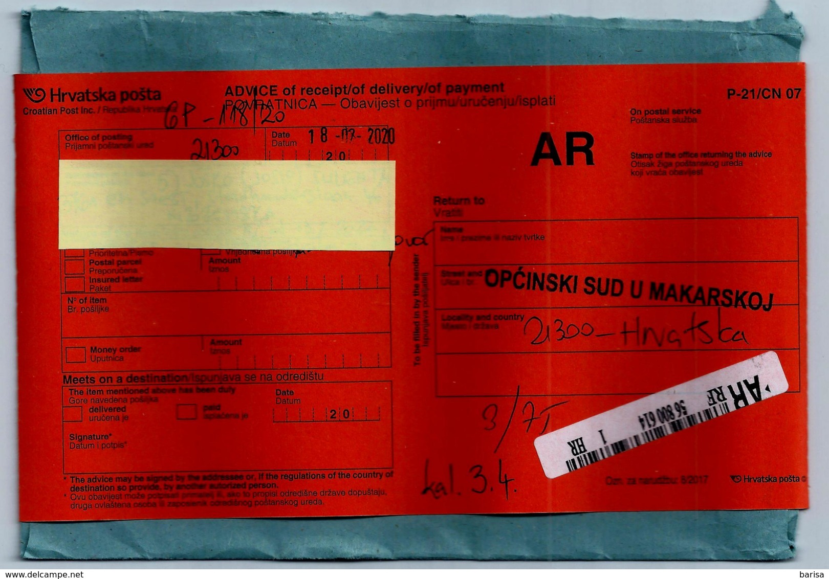 Croatia 2020: AR Letter From The District Court Of Makarska With “ADVICE Of Receipt”. - Kroatien