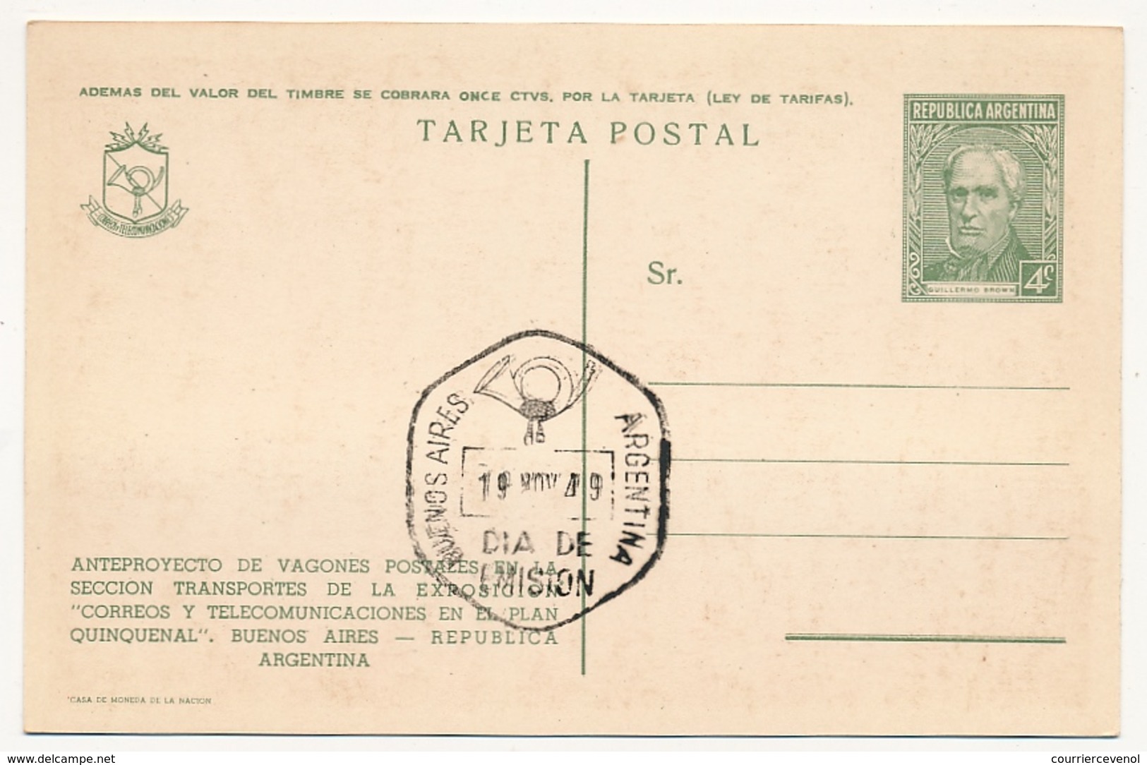 ARGENTINE - 10 Entiers Postaux - CP 4c Vert Guillermo Brown - Illustrés Exposition Postes Télécoms 1949 - Sépia - Postwaardestukken