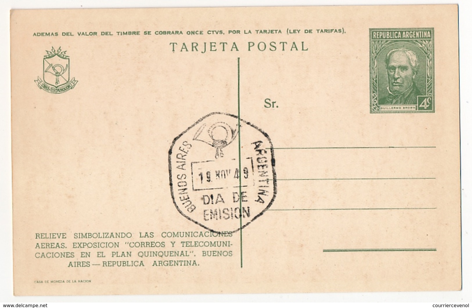 ARGENTINE - 10 Entiers Postaux - CP 4c Vert Guillermo Brown - Illustrés Exposition Postes Télécoms 1949 - Sépia - Interi Postali