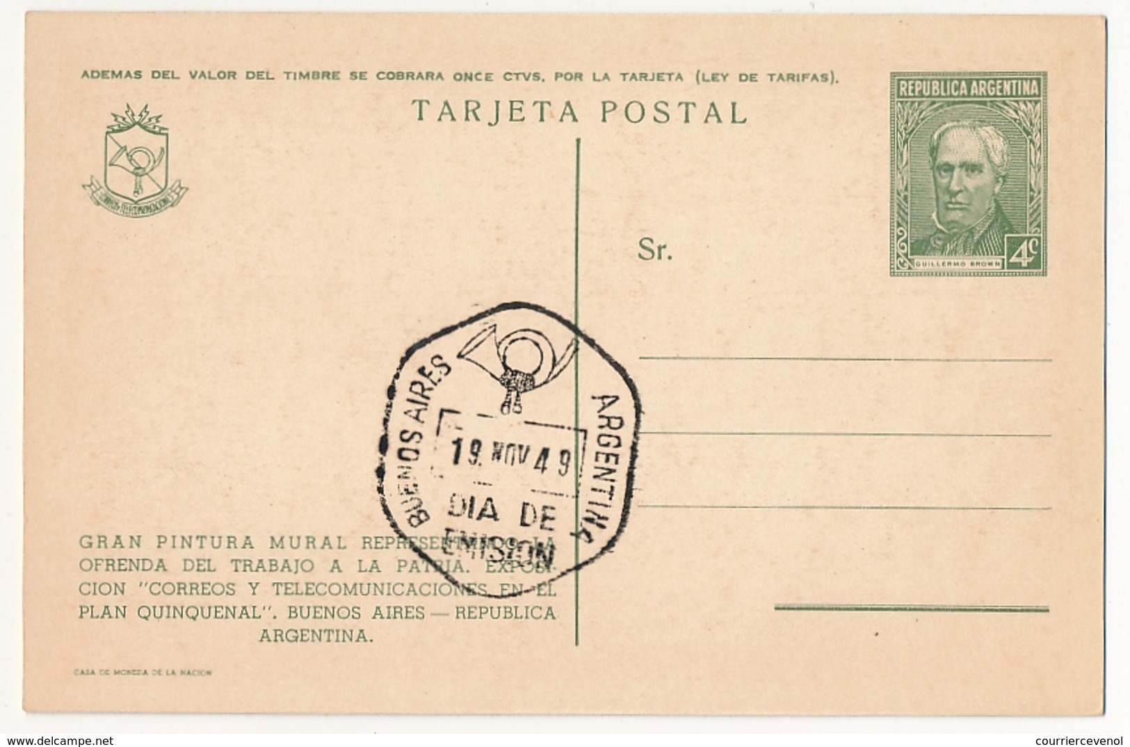 ARGENTINE - 10 Entiers Postaux - CP 4c Vert Guillermo Brown - Illustrés Exposition Postes Télécoms 1949 - Sépia - Postal Stationery