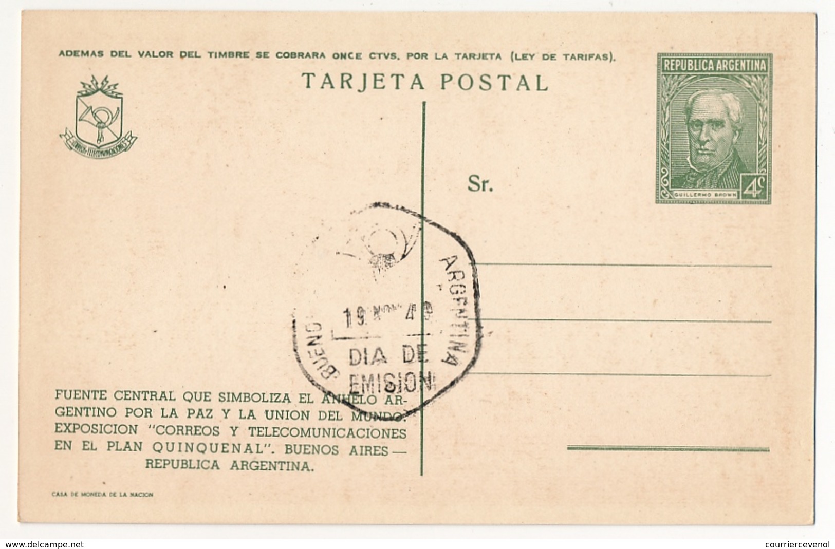 ARGENTINE - 10 Entiers postaux - CP 4c vert Guillermo Brown - Illustrés Exposition Postes Télécoms 1949 - Sépia