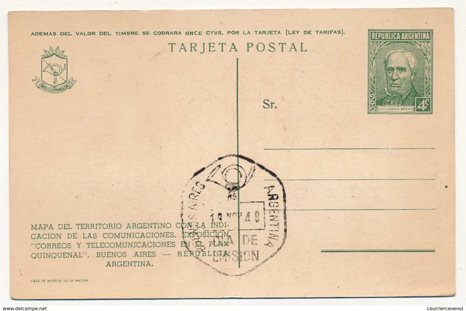 ARGENTINE - 10 Entiers postaux - CP 4c vert Guillermo Brown - Illustrés Exposition Postes Télécoms 1949 - Sépia