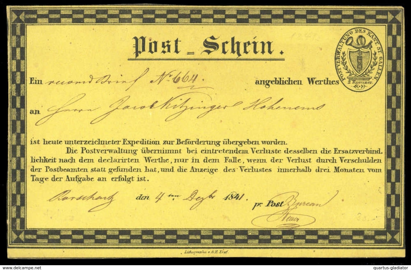 1841, Schweiz, POSTSCHEIN, Brief - Sonstige & Ohne Zuordnung