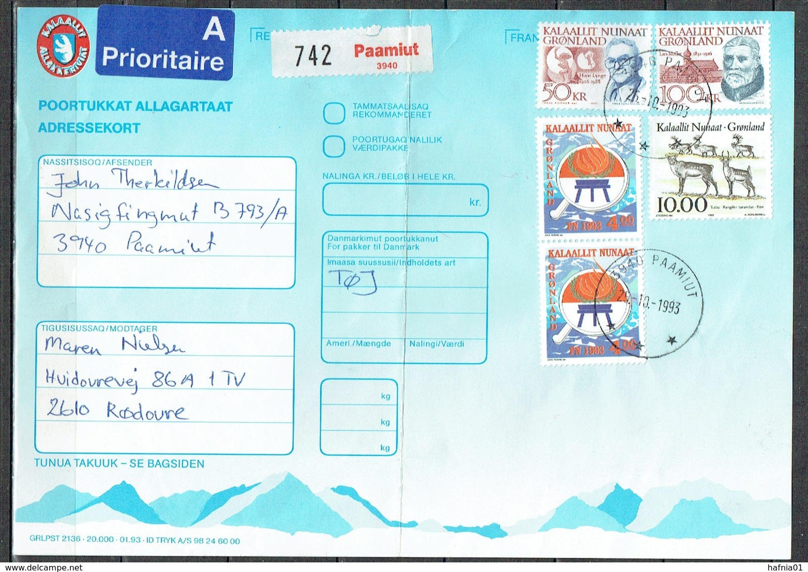 Greenland 1993. Parcel Card.  Parcel Sent From Paamiut To Denmark. - Paketmarken