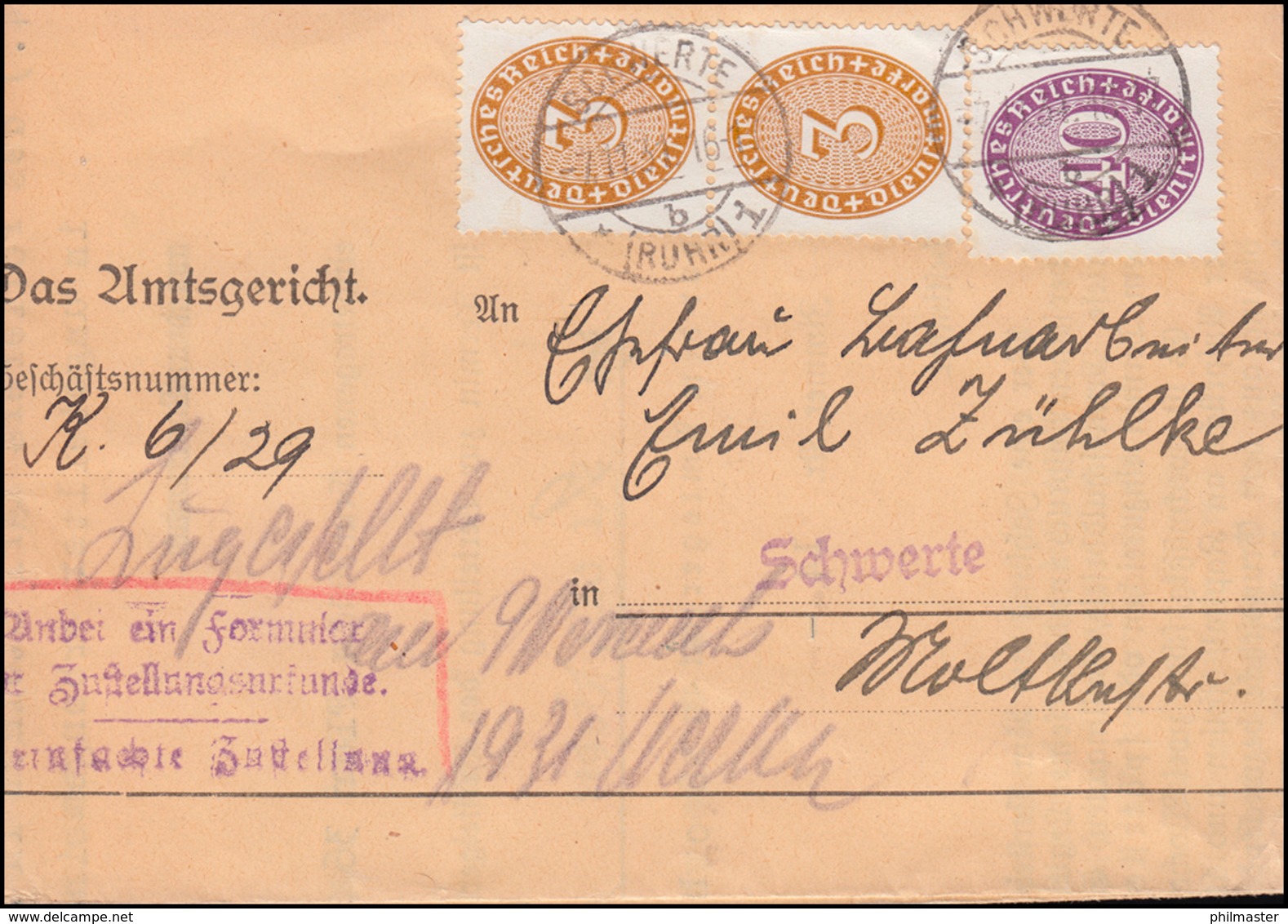 Dienstmarken 114+121 Strohhutmuster Orts-Brief Amtsgericht SCHWERTE 7.11.1931 - Servizio