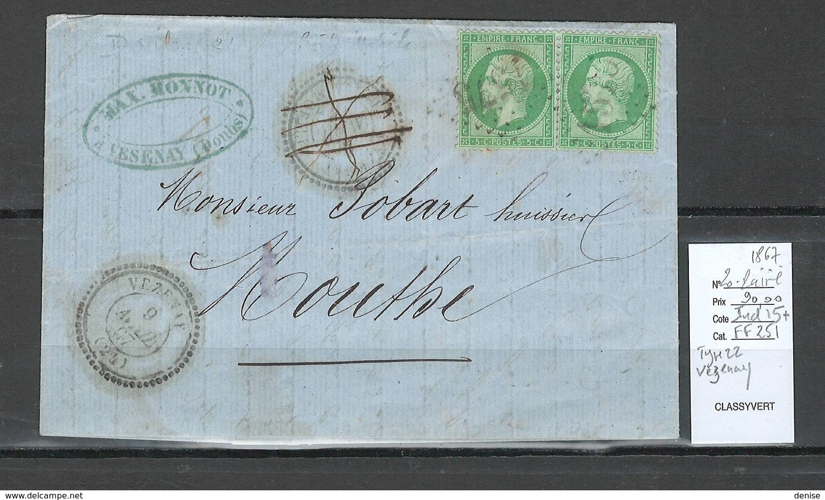 France - Lettre - Yvert 20 Paire - GC1575 - Doubs - VEZENAY - Type 22 -1867 - 1849-1876: Période Classique