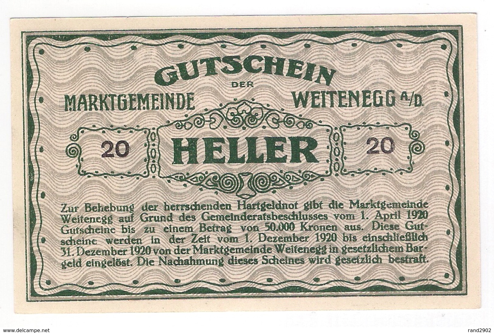 Österreich Austria Notgeld 20 HELLER FS1163 WEITENEGG /168M/ - Oesterreich