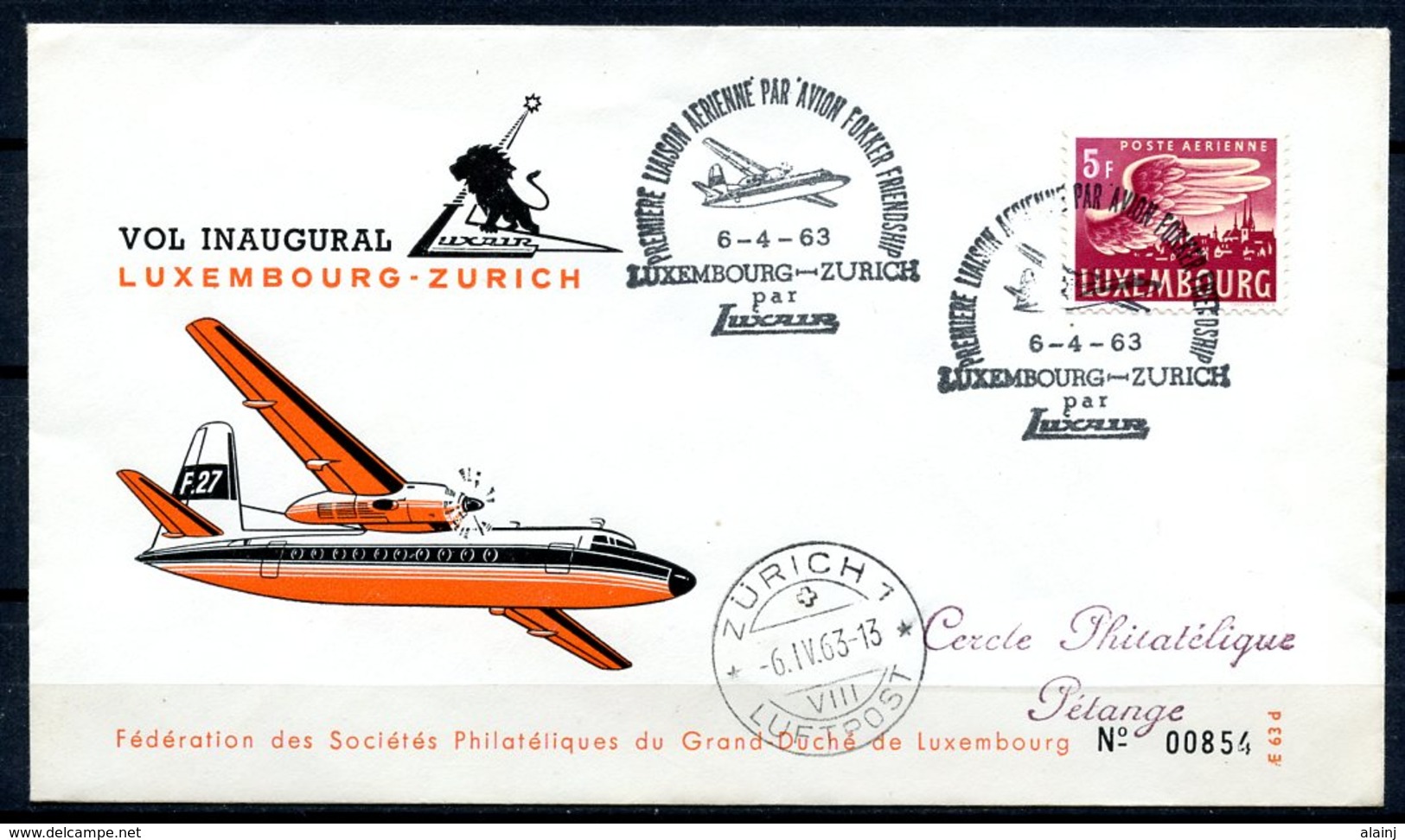 Luxembourg   Y&T  11   ---    Aérophilatélie  --  Vol Inaugural Luxembourg - Zürich Par Luxair  --  06.04.1963 - Lettres & Documents