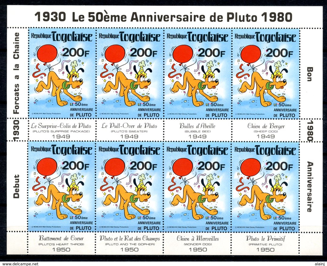 République Togolaise   ---  Pluto  : 50ème Anniversaire   1930 - 1980  --  Feuillet   XX   ---   MNH  --  TTB... - Disney