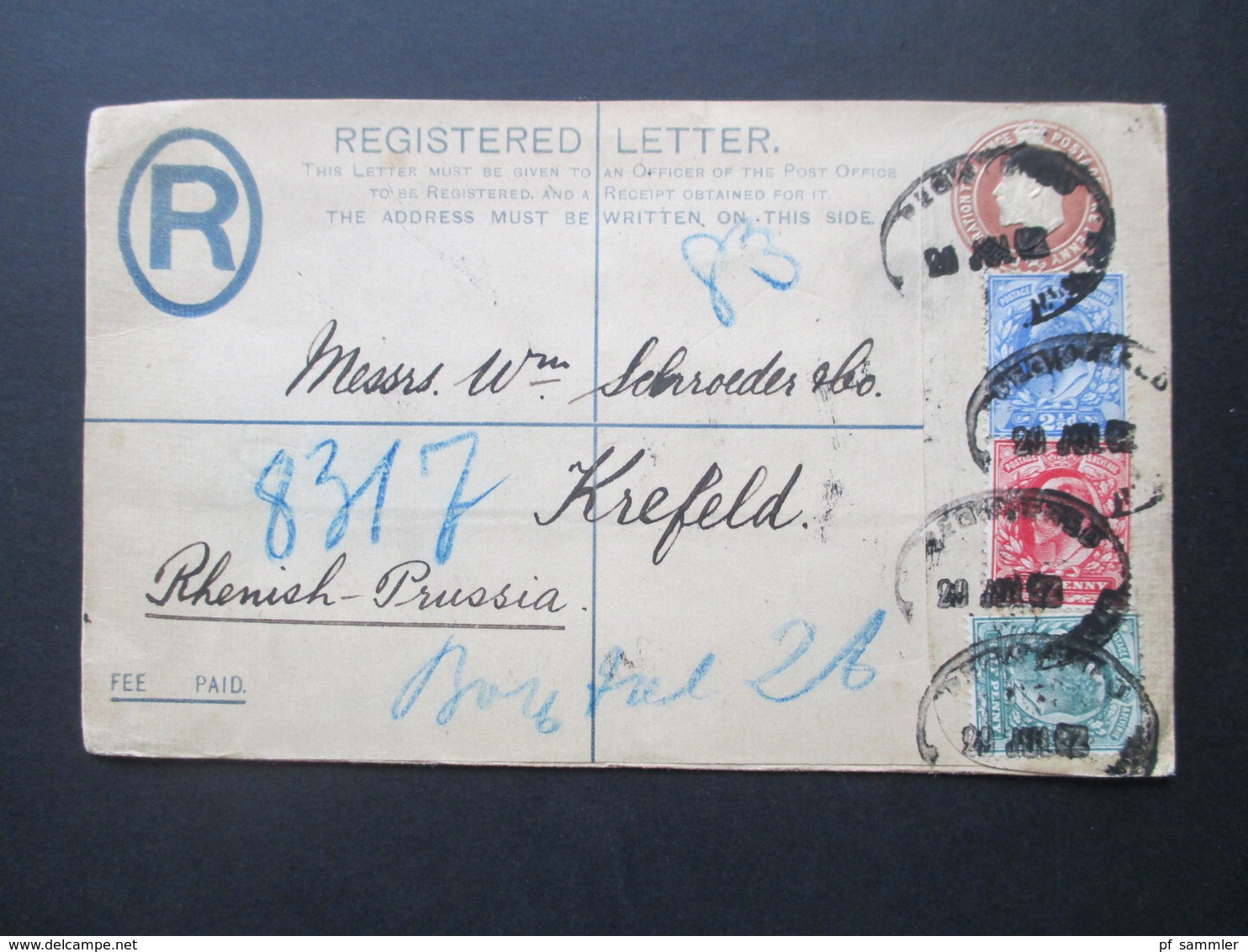 GB 1902 Registered Letter / GA Umschlag  Mit 3 Zusatzfrankaturen / Vierfarben Frankatur! London- Crefeld - Briefe U. Dokumente