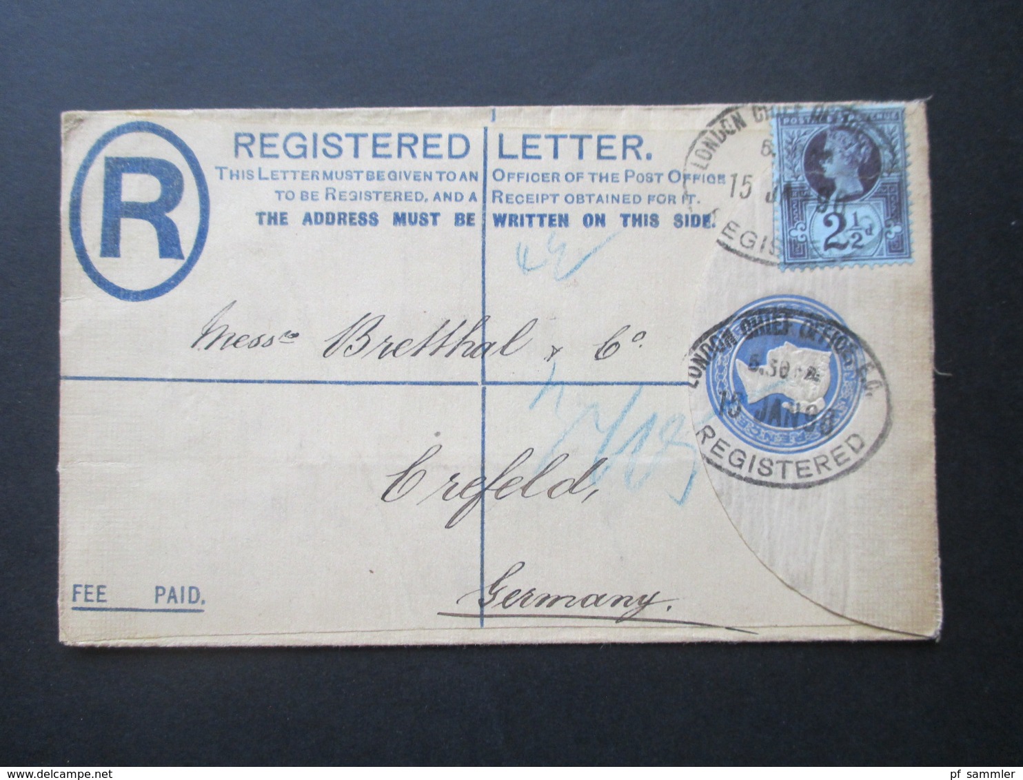 GB 1896 Registered Letter / GA Umschlag Zusatzfrankatur Nr. 89! London- Crefeld Inland Registration Ins Ausland Gelaufen - Briefe U. Dokumente