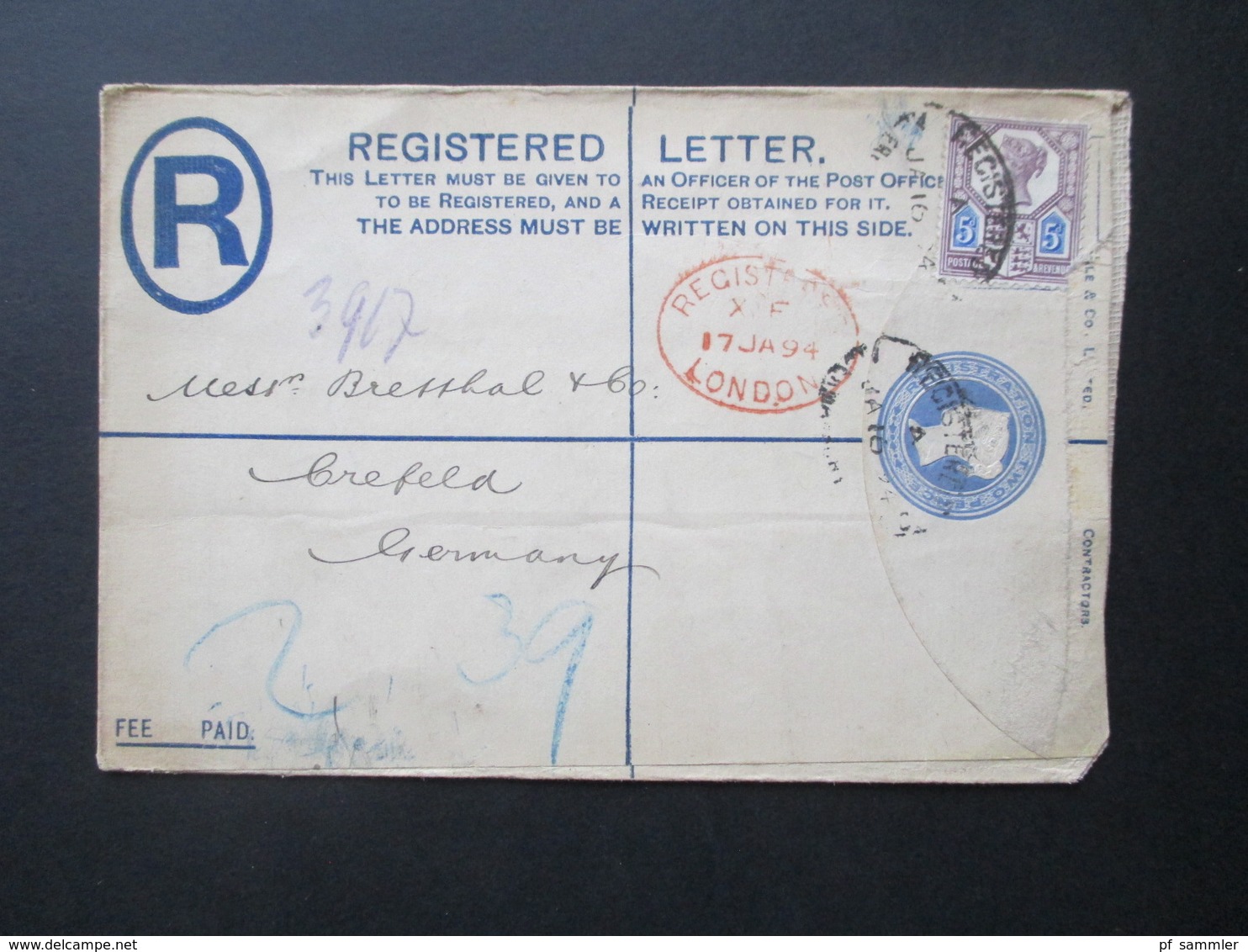 GB 1894 Registered Letter / GA Umschlag Zusatzfrankatur Nr. 93! London- Crefeld Inland Registration Ins Ausland Gelaufen - Cartas & Documentos