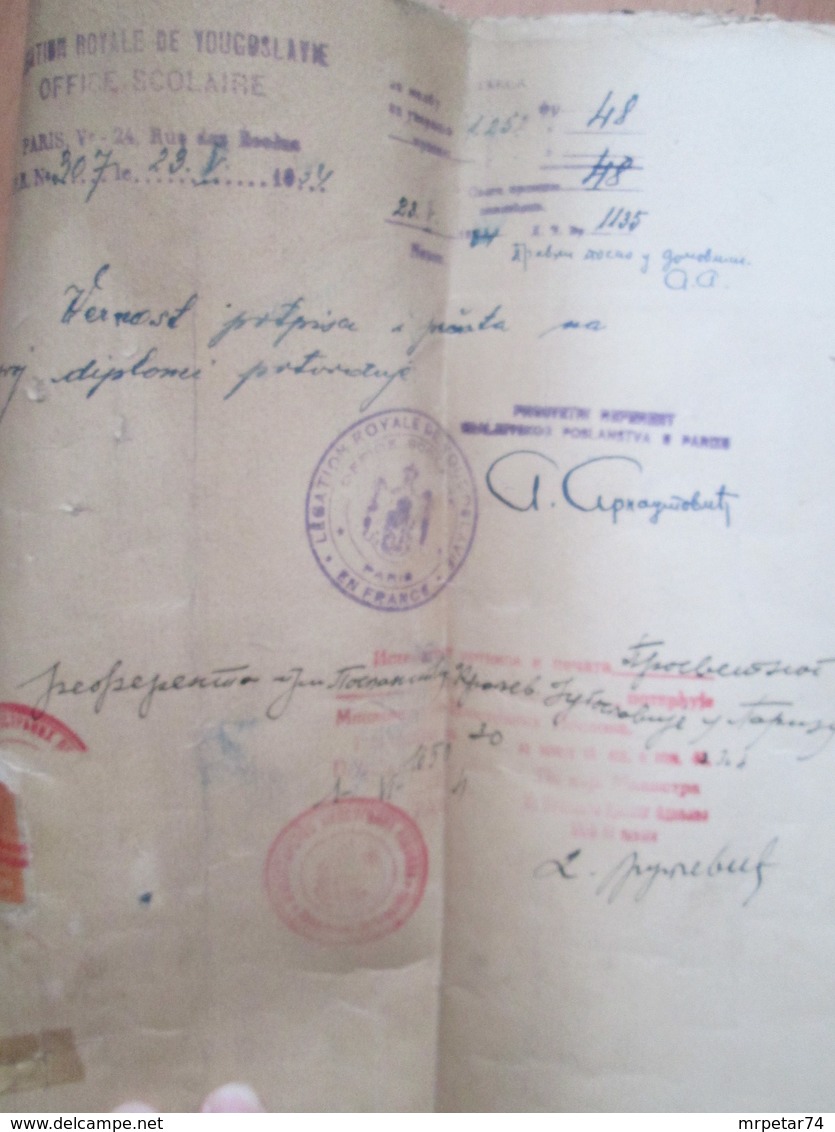 France University Diploma Of Lyon With Rubber Stamp Of Ministry Of Foreign Affairs Of Royal Yugoslavia 1933 - Diploma & School Reports