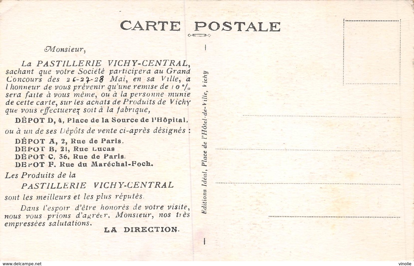 20-2362 : VICHY. PASTILLERIE VICHY CENTRAL. PLACE DE LA SOURCE DE L'HOPITAL - Vichy