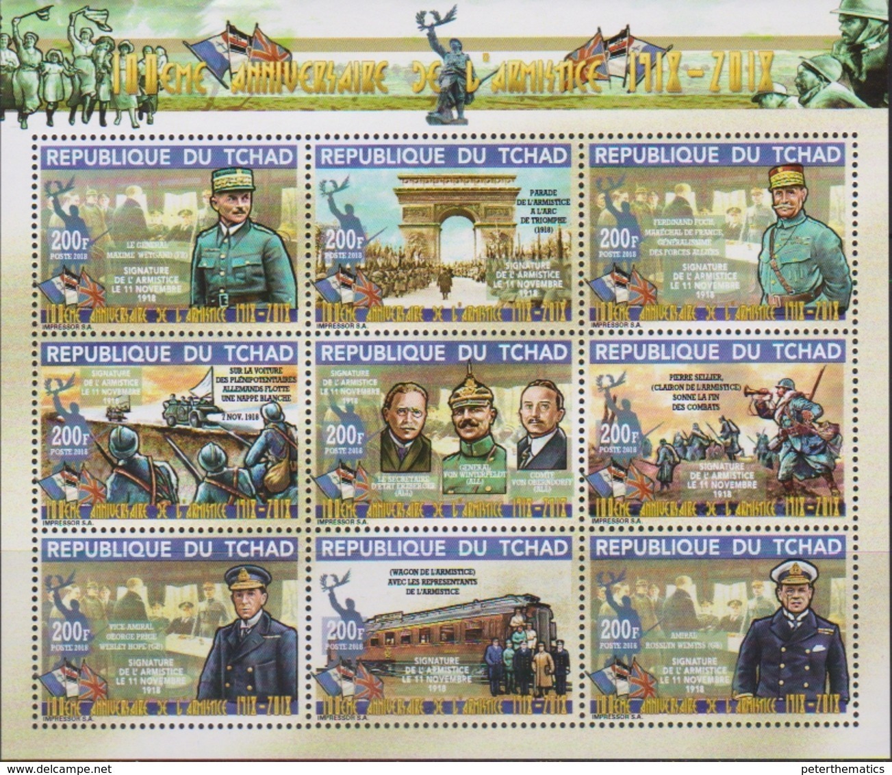 CHAD, 2018, MNH, WWI, CENTENARY OF END OF WWI,ARMISTICE SIGNING, TRAINS, SHEETLET OF 9v - WW1