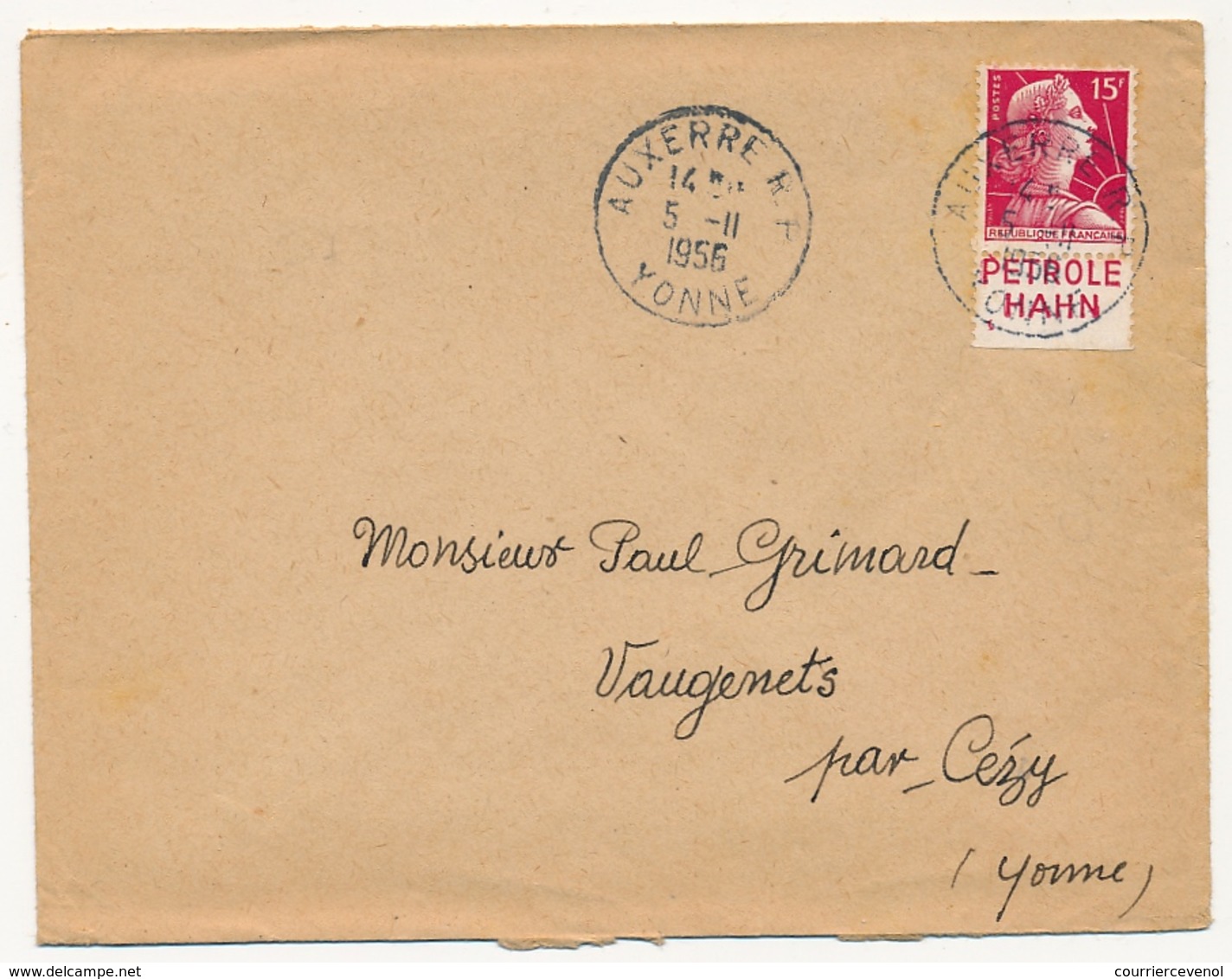 FRANCE - Env. Affr 15f Muller Avec Bandelette PETROLE HAHN - Auxerre R.P. Yonne 1956 - Lettres & Documents