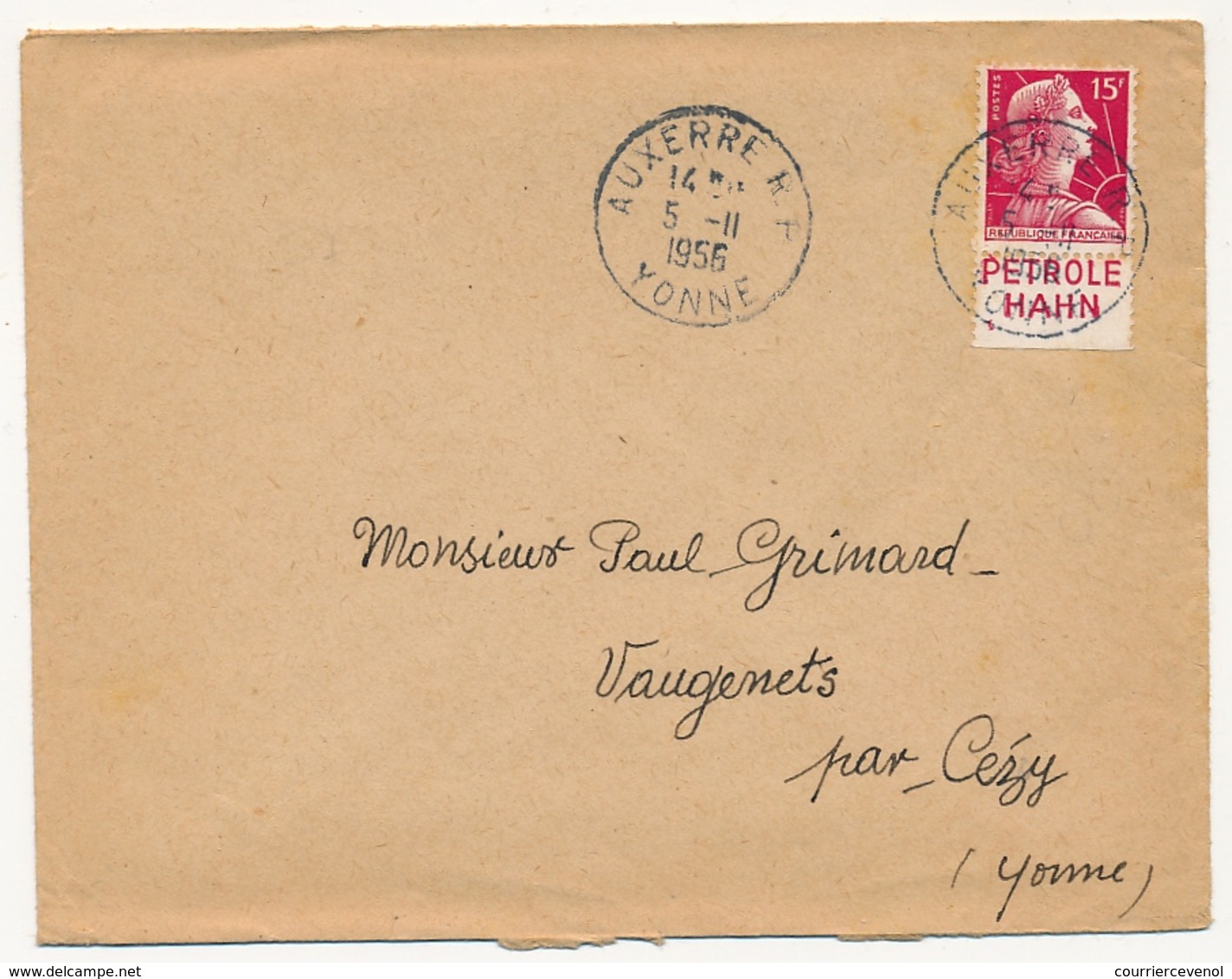 FRANCE - Env. Affr 15f Muller Avec Bandelette PETROLE HAHN - Auxerre R.P. Yonne 1956 - Storia Postale