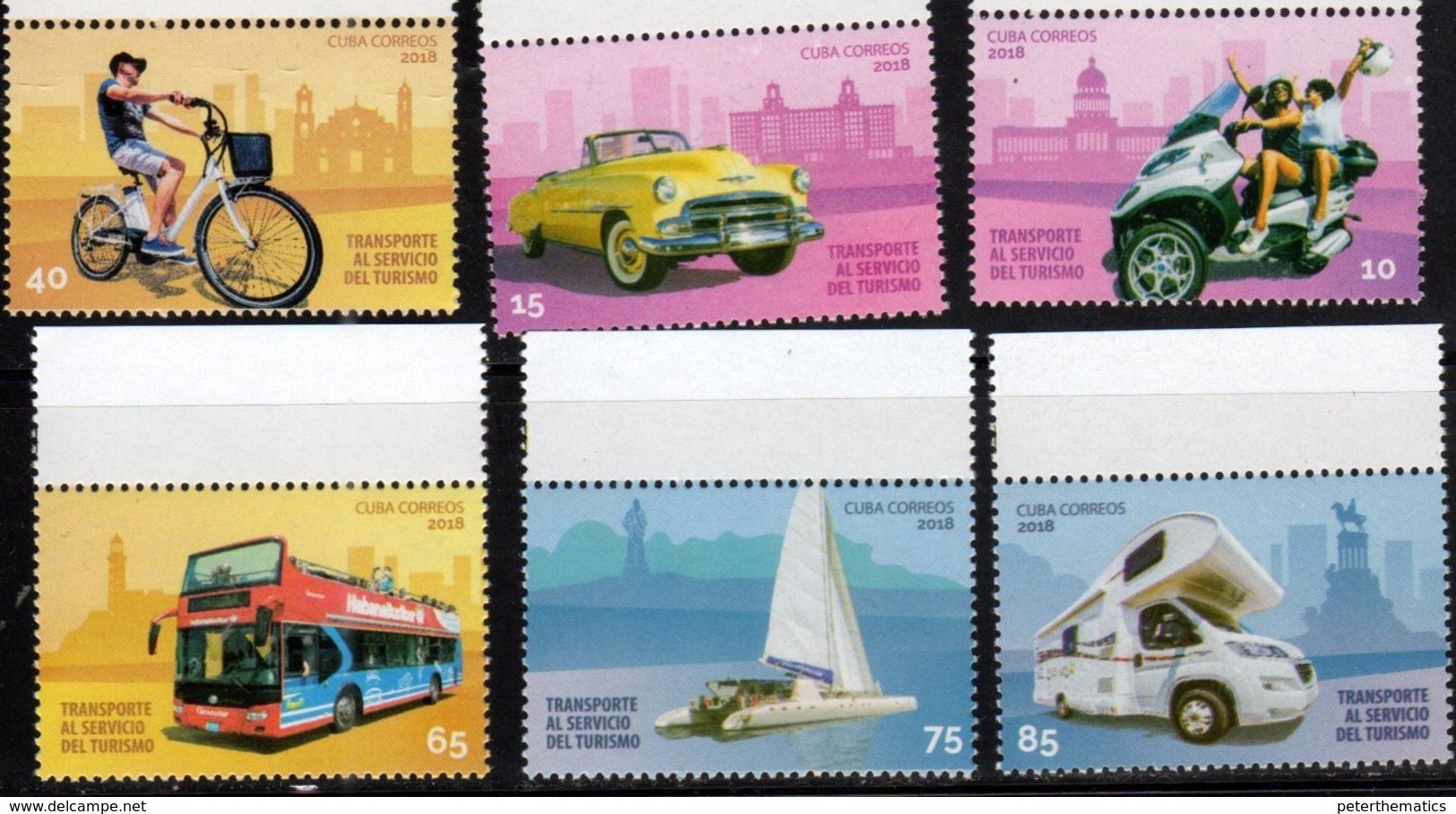 TRANSPORT, 2018, MNH, TRANSPORT AT THE SERVICE OF TOURISM, BICYCLES, BUSES, YACHTS, BOATS, CAMPERS, MOTORBIKES,6v - Busses