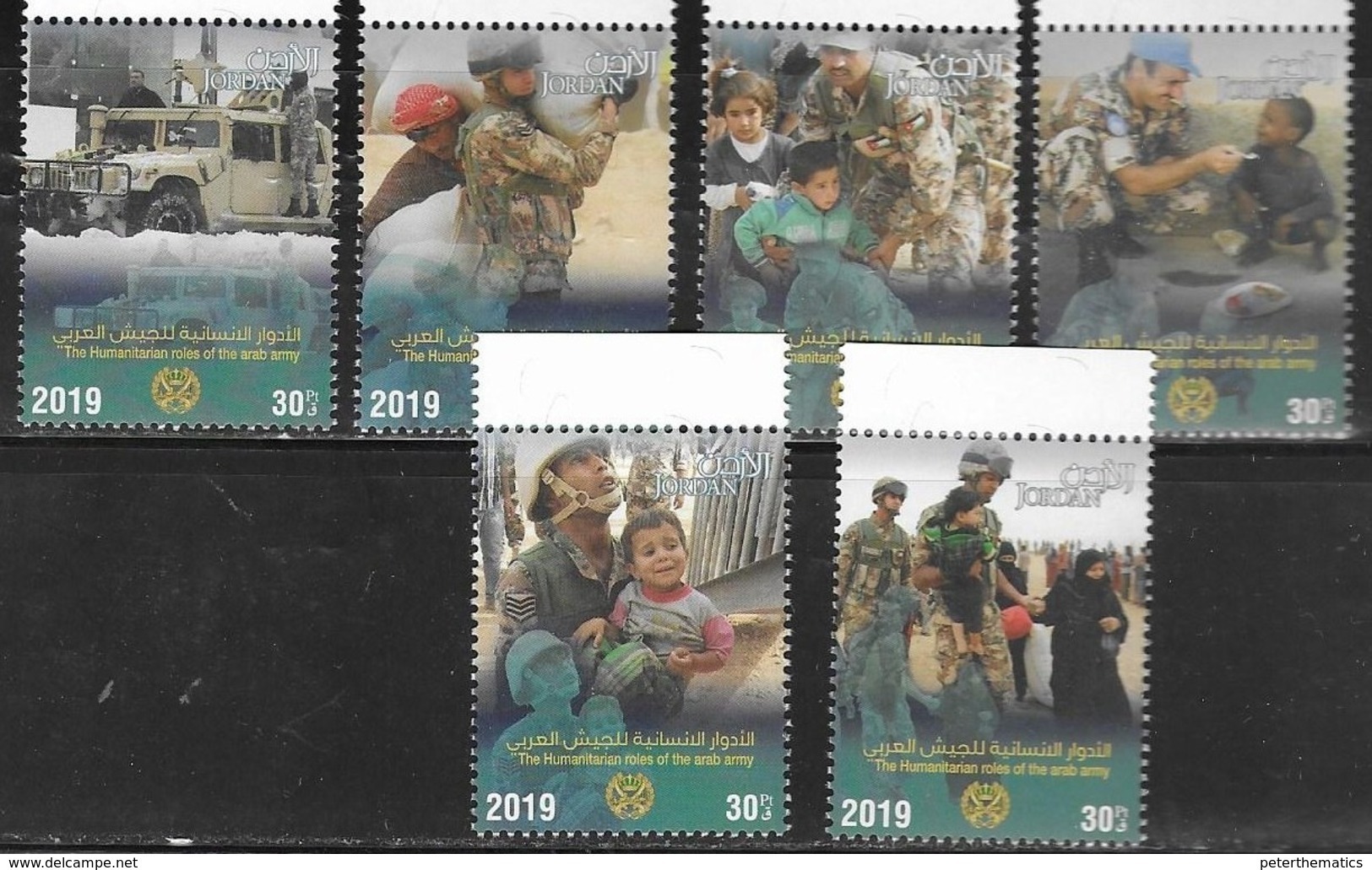 JORDAN, 2019, MNH ,MILITARY, HUMANITARIAN ROLE OF ARAB ARMY, UN, FOOD DISTRIBUTION, JEEPS, 6v - Militaria