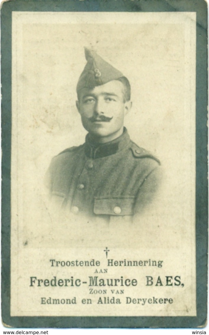 WO1 / WW1 - Doodsprentje Baes Frederic Maurice - Wevelgem / Oostwinkel - Gesneuvelde - Obituary Notices