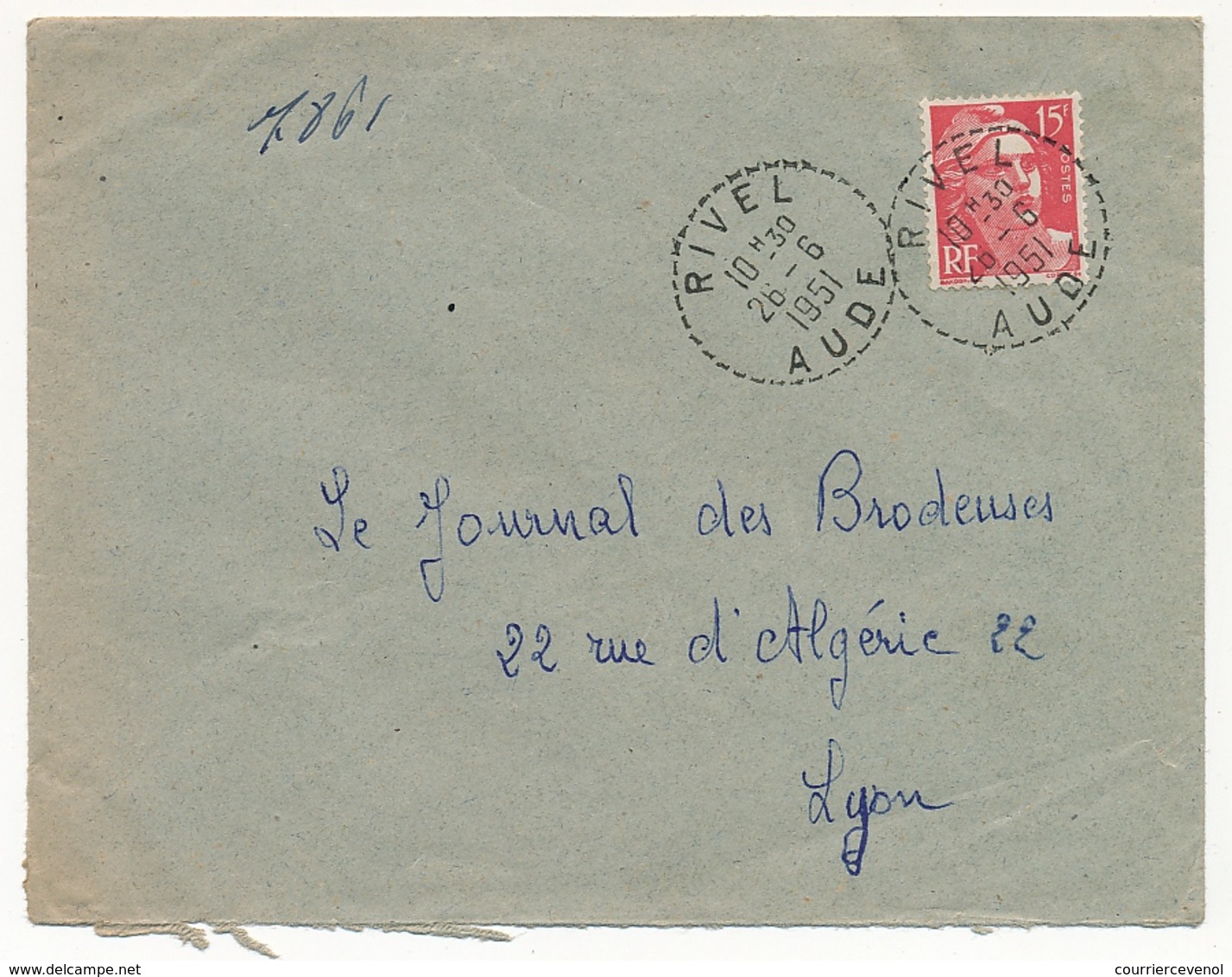 FRANCE - Env. Affr 15f Gandon - Cachet Tireté "RIVEL AUDE 1951" - 1945-54 Marianna Di Gandon