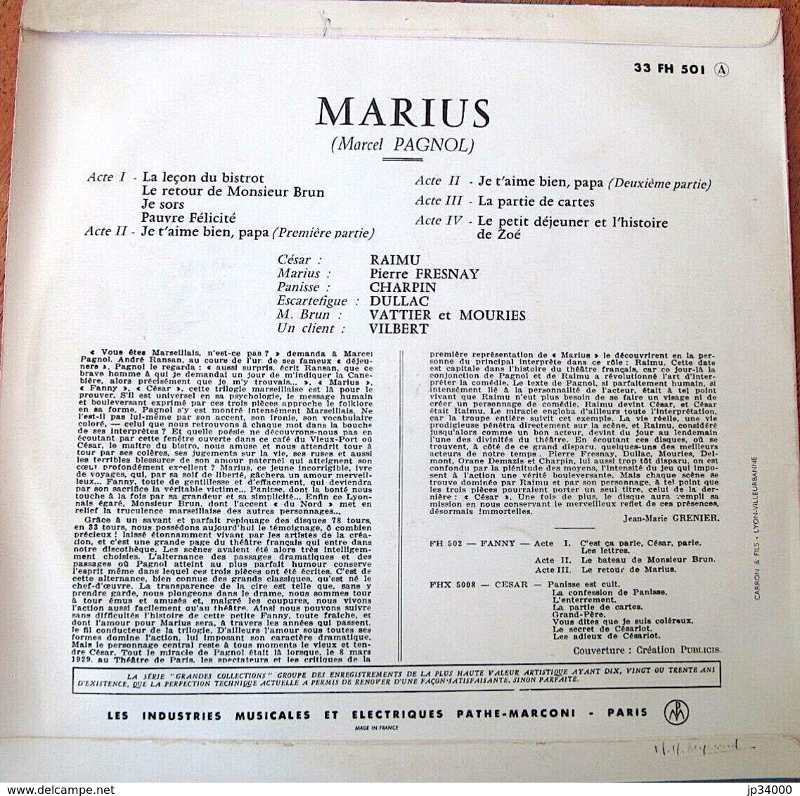 VINYL 33t 25 Cm : Marius De Marcel Pagnol, Raimu, Pierre Fresnay, Charpin. Columbia 33 FH 501 - Formats Spéciaux