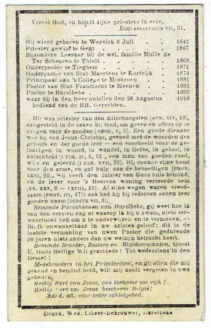 E.H. Jules FERRANT- Wervick 1842 - Harelbeke 1918 - Leraar Tielt - Onderp. Tiegem - Kortrijk - Pastoor Menen - Harelbeke - Andachtsbilder