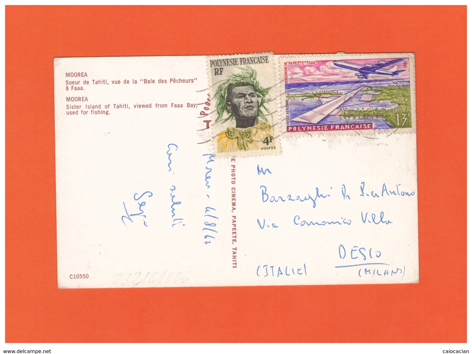 1963 POLYNESIE FRANCAISE MOOREA AIR MAIL POSTCARD WITH 2 STAMPS TO ITALY - Storia Postale