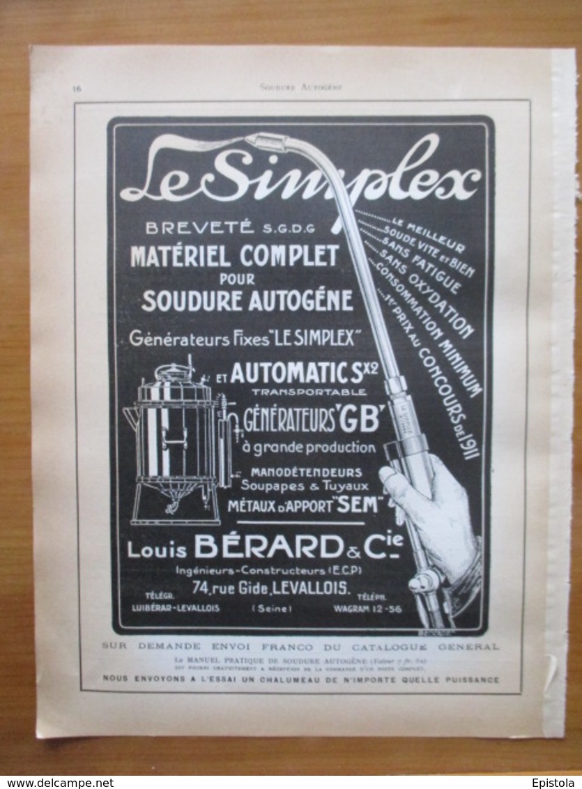 CHALUMEAU "Le Simplex" Ets BERARD à Levallois Perret - Page Catalogue Technique De 1925 (Dims Env 22 X 30 Cm) - Other Apparatus