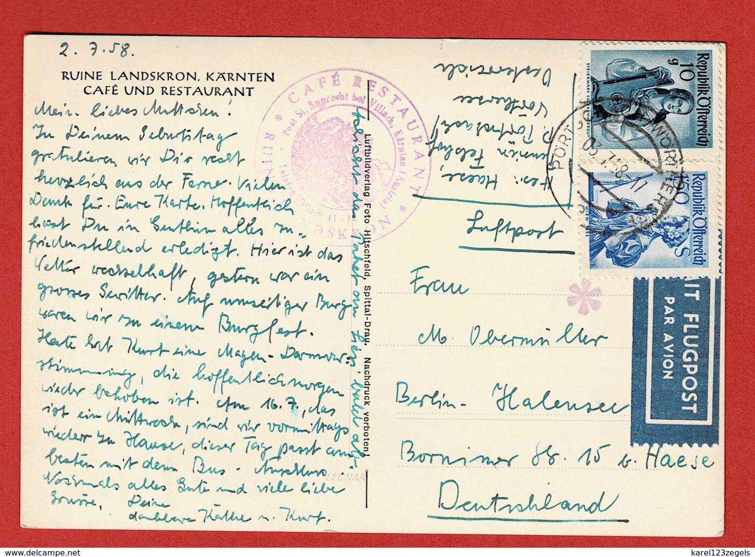 Flugpostkarte  1958 Pörtschach - Berlin  Kontrollstempel Airmail - Storia Postale