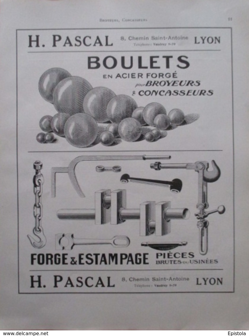 Boulets Acier Pour  MACHINE Broyeur & Concasseur Ets PAscal LYON- Page Catalogue Technique De 1925 (Dims Env 22 X 30 Cm) - Machines