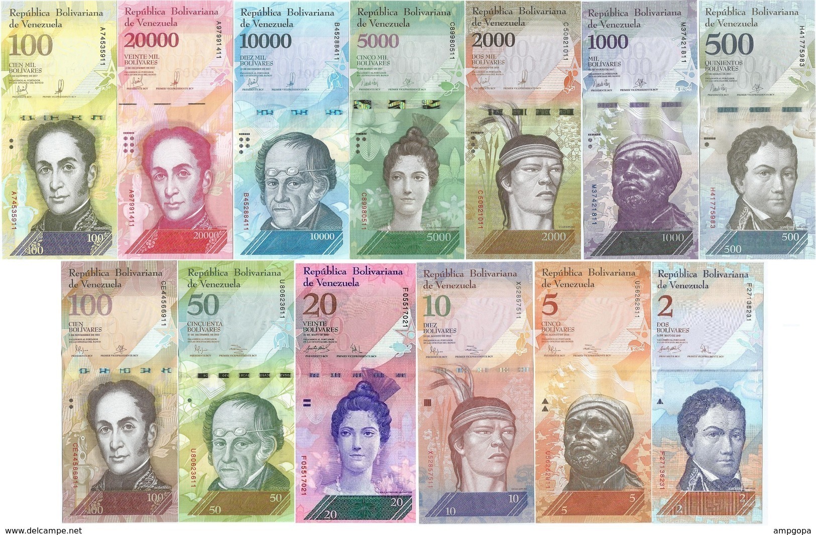 Venezuela Set Full 13 Banknotes 2 To 100000 Bolivares  UNC - Mezclas - Billetes