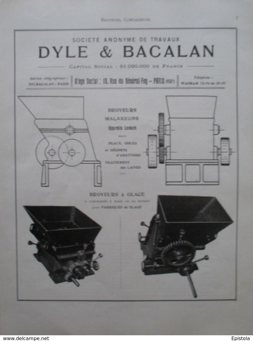 MACHINE Broyeur à Glace DYLE & BACALAN  - Page Catalogue Technique De 1925 (Dims Env 22 X 30 Cm) - Maschinen