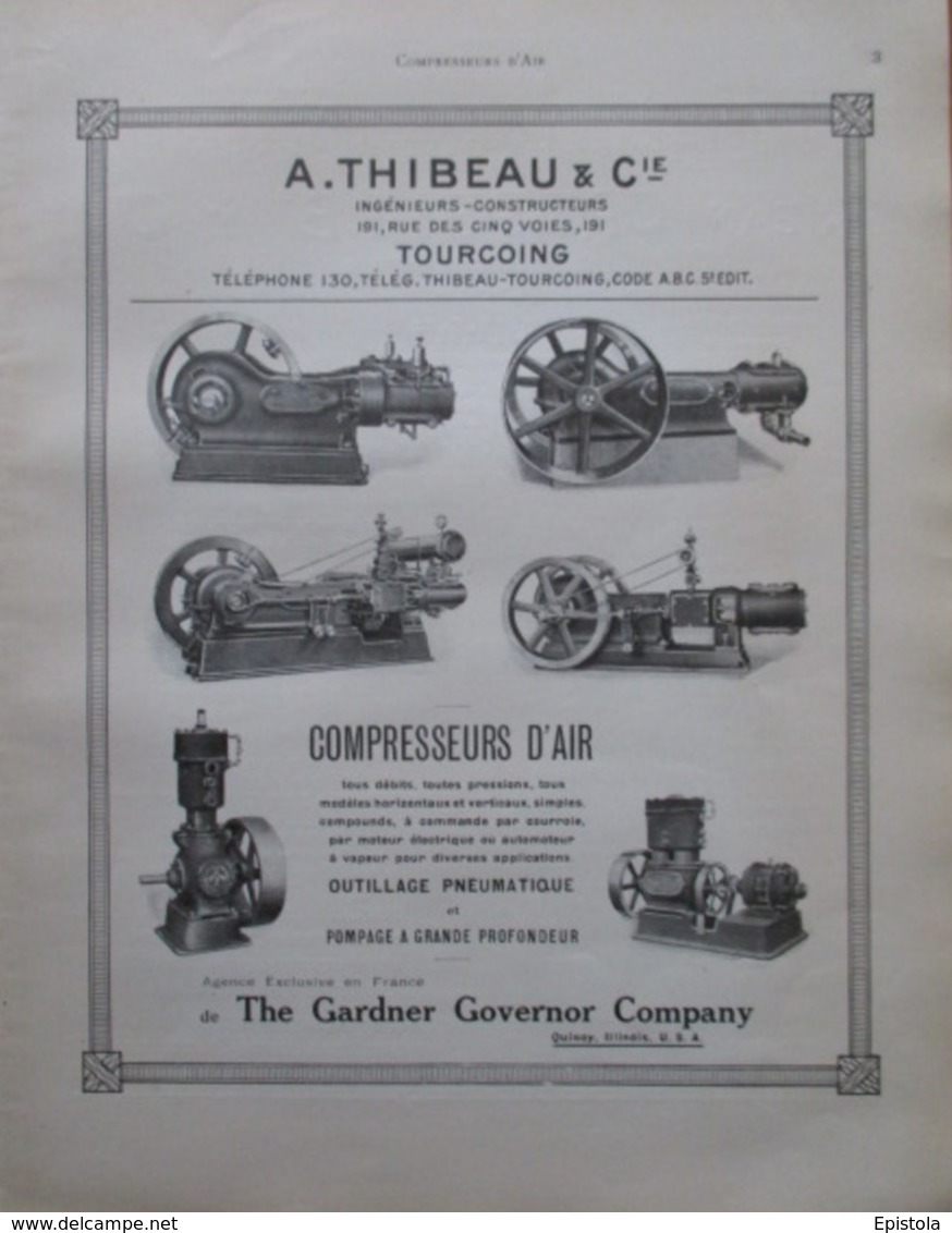 MACHINE Compresseur D'air Ets THIBEAU TOURCOING Rue Des 5 Voies - Page Catalogue Technique De 1925 (Dims Env 22 X 30 Cm) - Maschinen