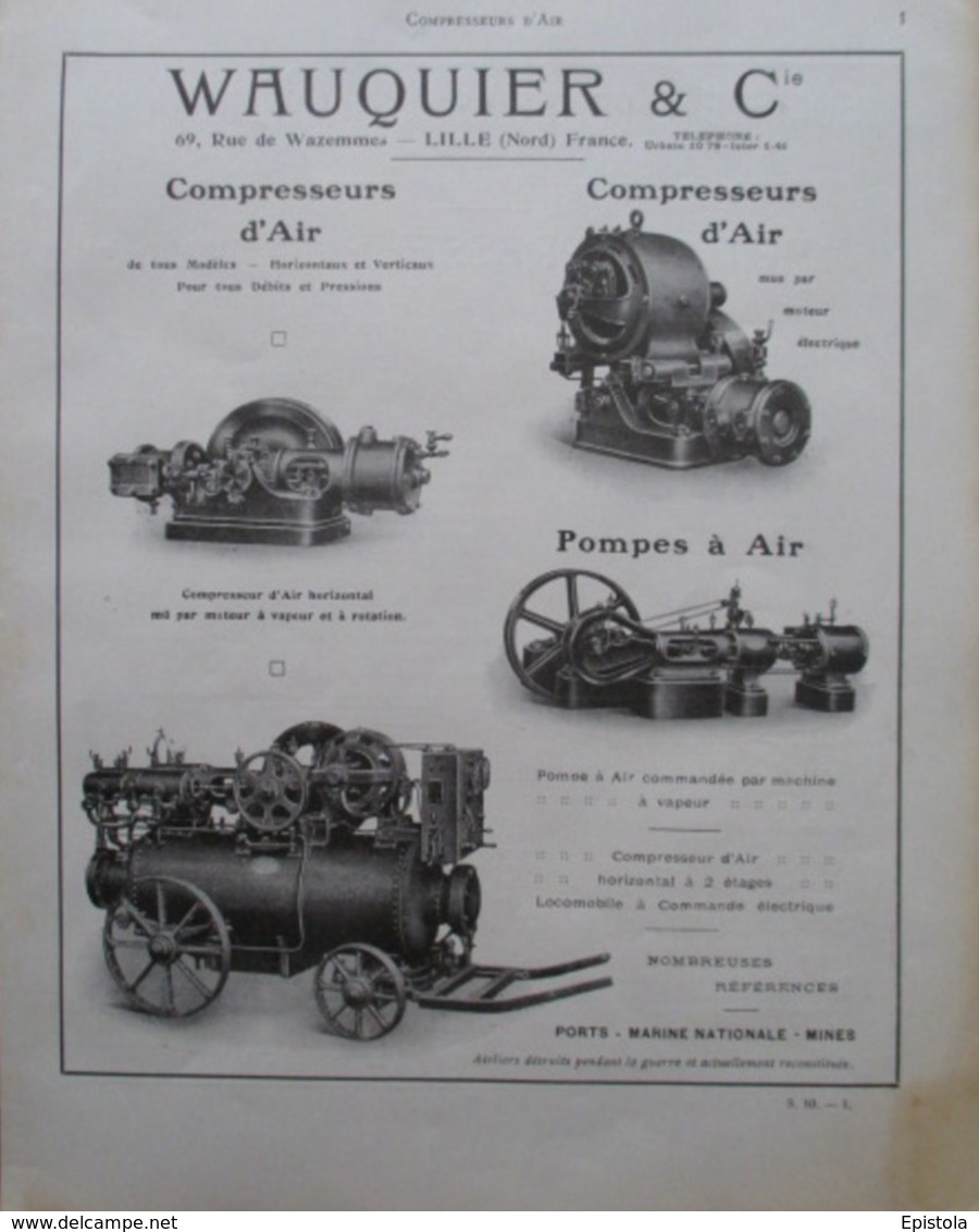 MACHINE Compresseur D'air Ets WAUQUIER à LILLE Rue De Wazemmes - Page Catalogue Technique De 1925 (Dims Env 22 X 30 Cm) - Machines