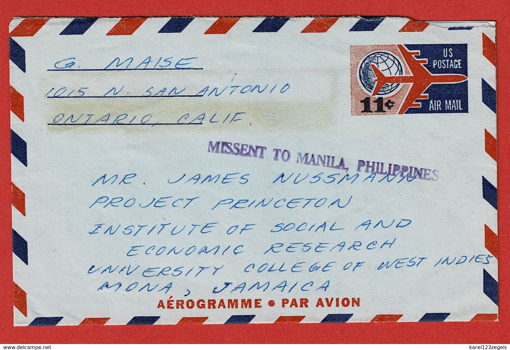 Airmail Cover  1962 Ontario - Jamaica  MISSENT TO MANILA PHILIPPINES - Covers & Documents