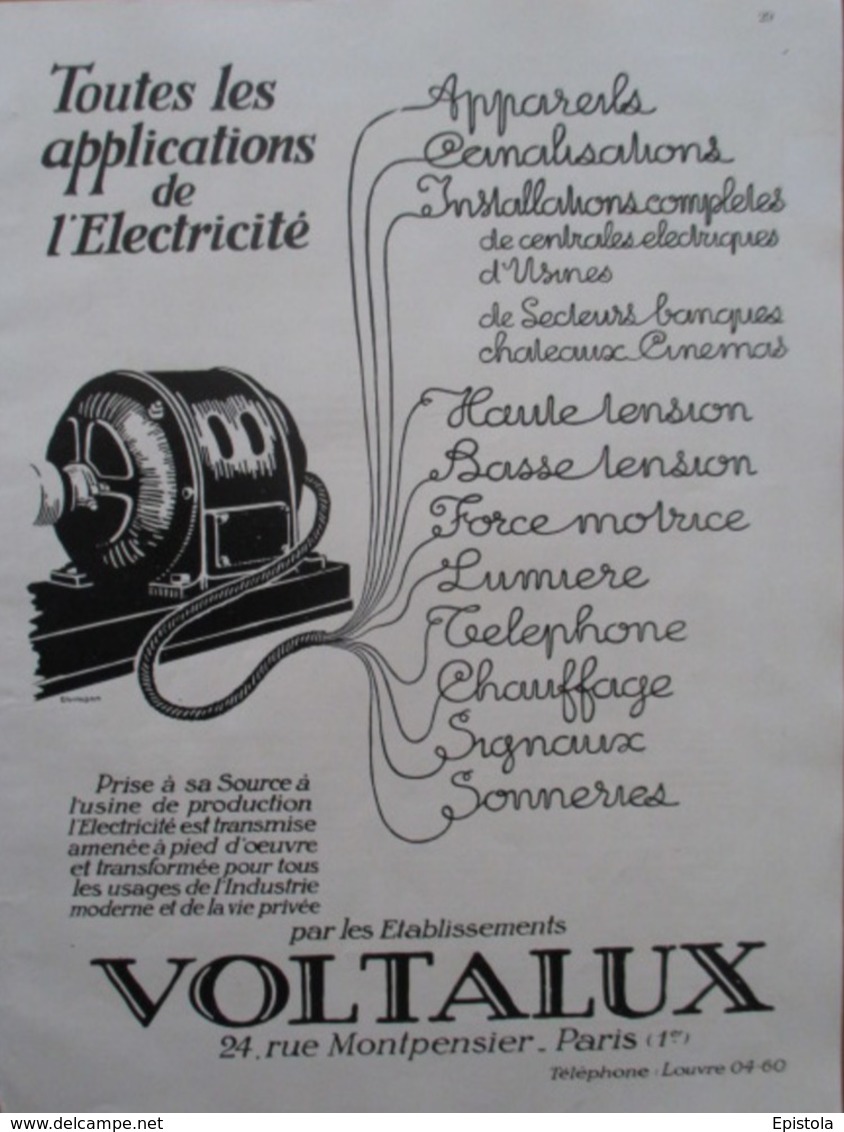 Appareil  Electrique  VOLTALUX    - Page Catalogue Technique De 1925 (Dims Env 22 X 30 Cm) - Other Components