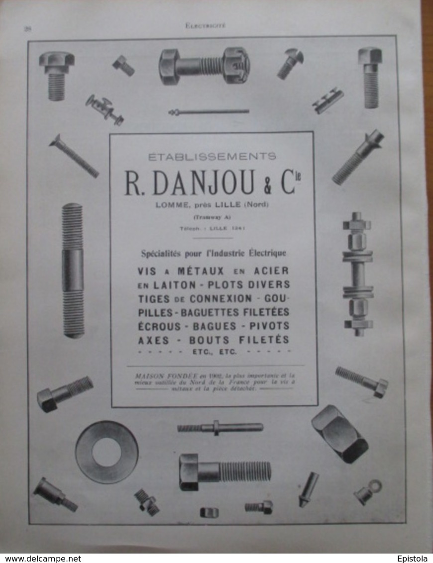 Ets R DANJOUX à Lomme Boulonnerie Visserie  - Page Catalogue Technique De 1925 (Dims Env 22 X 30 Cm) - Autres Appareils