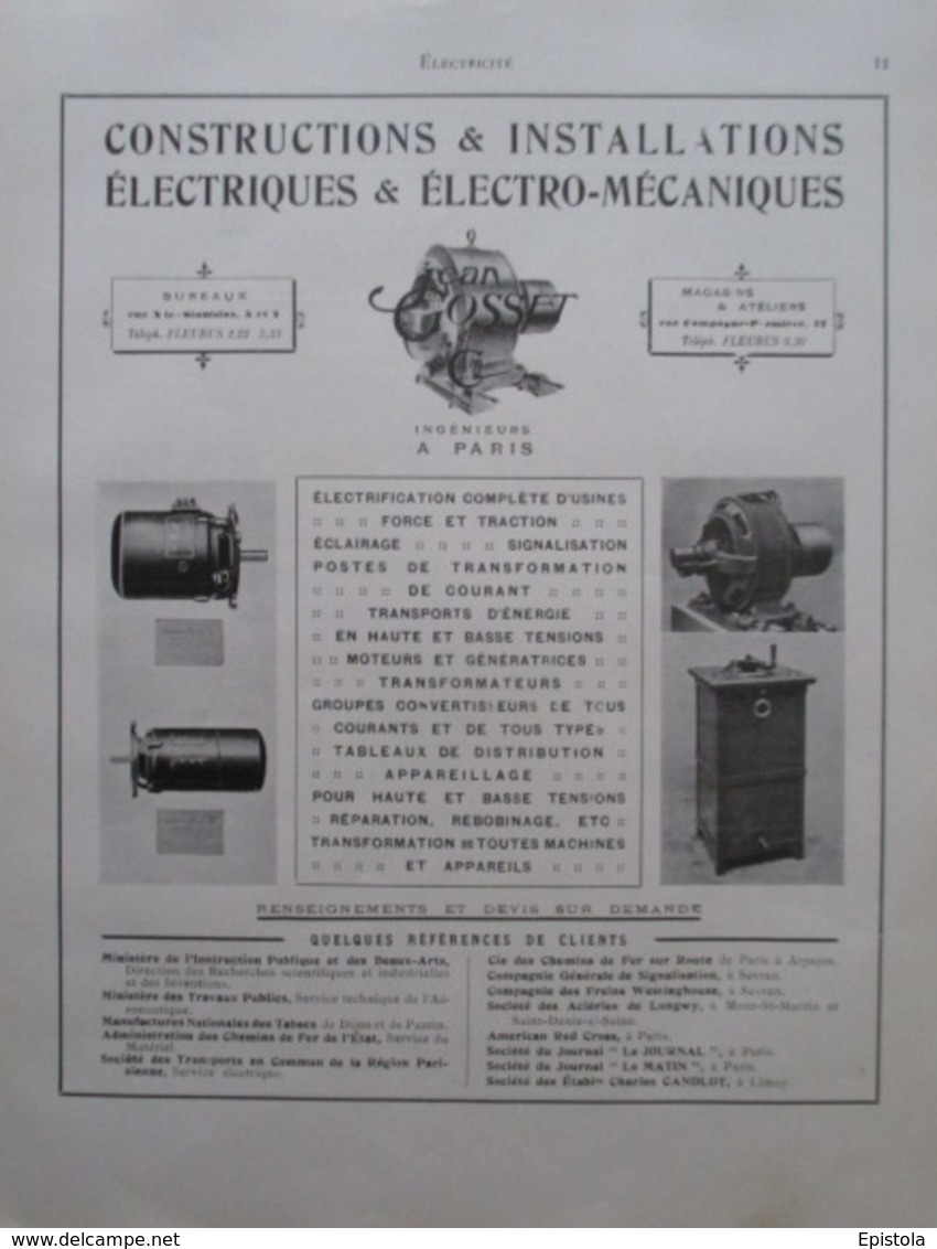 Installation électrique Ets Rue Campagne Premiere FLEURUS - Page Catalogue Technique De 1925 (Dims Env 22 X 30 Cm) - Andere Toestellen