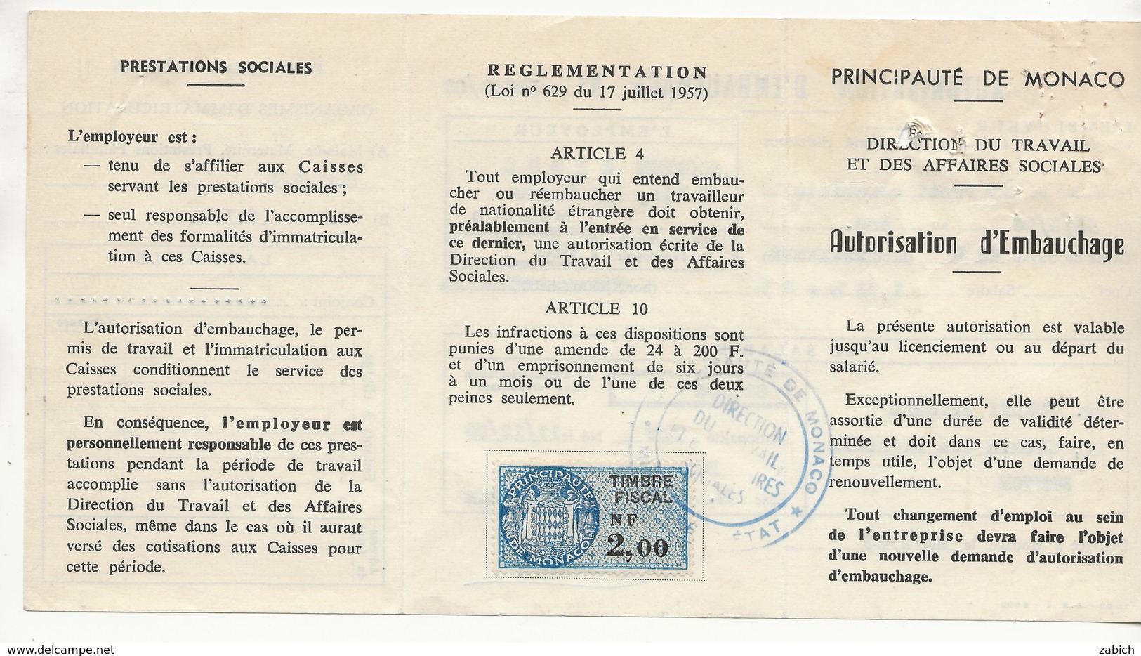 FISCAUX DE MONACO SERIE UNIFIEE  N°31 2NF BLEU SUR Autorisation D'embauche Du  22mars 1966 - Steuermarken