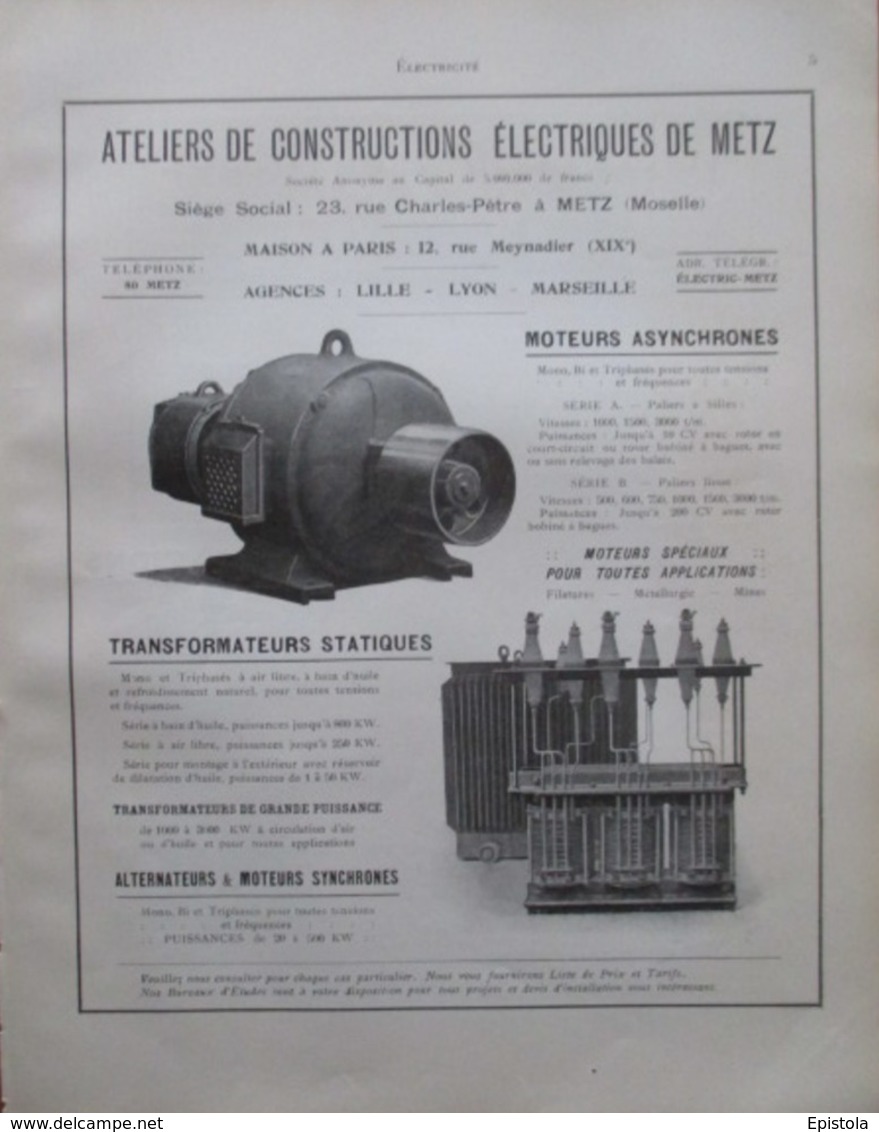 MACHINE Ets Ateliers Constructions Electriques De METZ  - Page Catalogue Technique De 1925 (Dims Env 22 X 30 Cm) - Maschinen