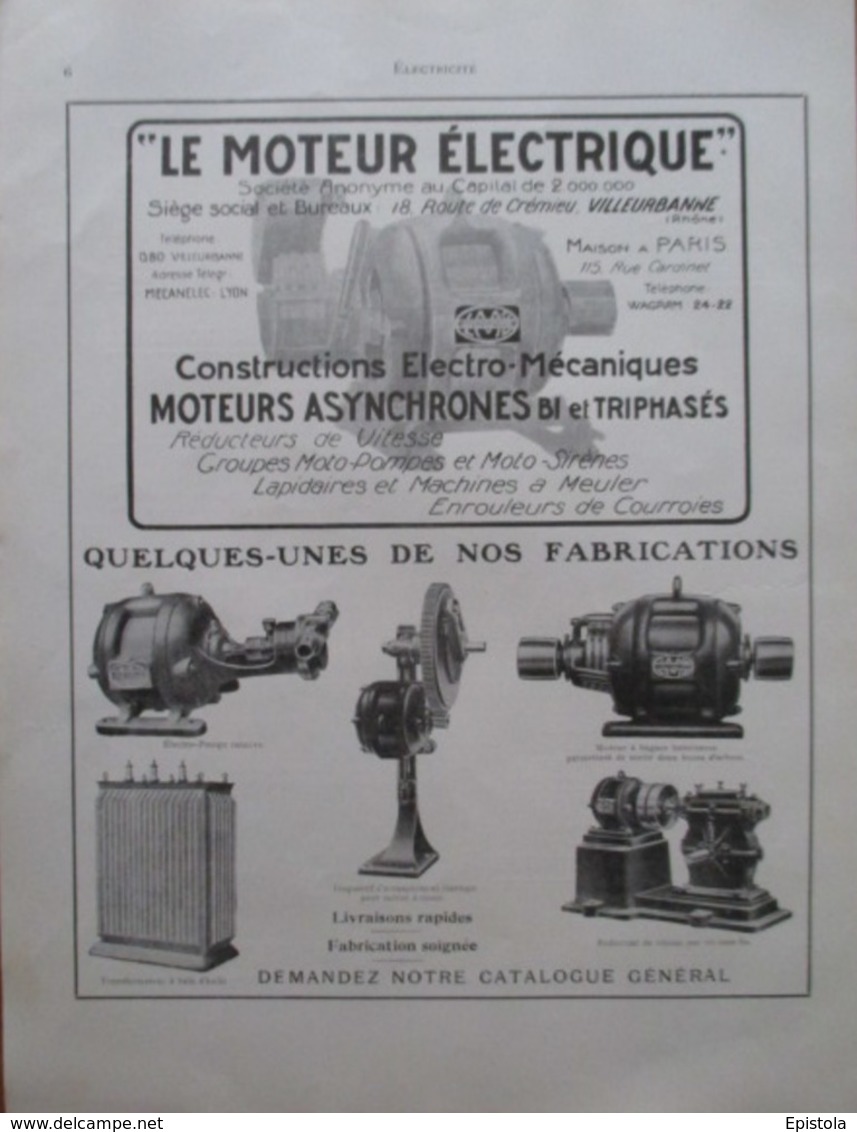 MACHINE Ets Ateliers MOTEUR ELECTRIQUE à Villerbanne - Page Catalogue Technique De 1925 (Dims Env 22 X 30 Cm) - Andere Geräte