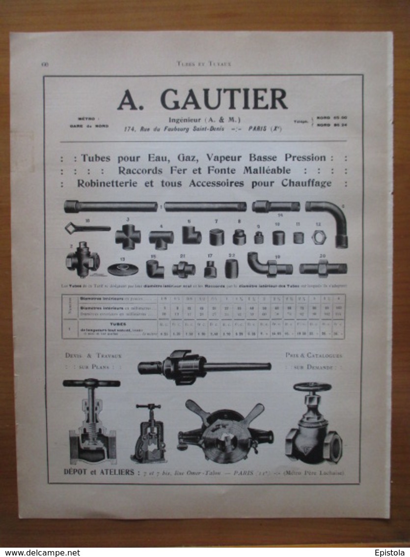 Tubes Pour MACHINE à Eau & Gaz Ets GAUTIER  (Arts Et Métiers) - Page Catalogue Technique De 1925 (Dims Env 22 X 30 Cm) - Machines